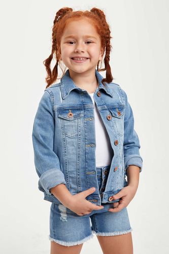 Kız Çocuk Regular Fit Yırtık Detaylı Jean Ceket
