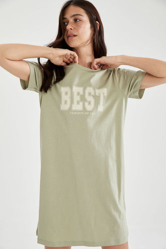 Slogan Baskılı Slim Fit Mini Tişört %100 Pamuk Elbise