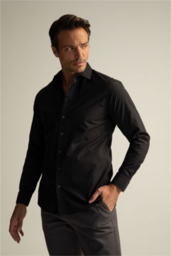 رجالي أسود Slim Fit Poplin Long Sleeve Shirt