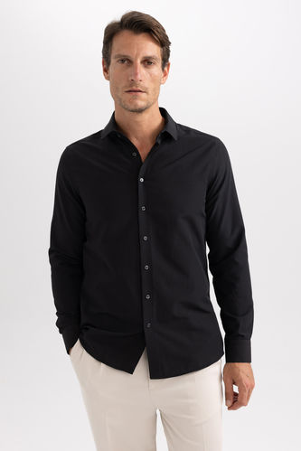 Black MAN Slim Fit Polo Collar Poplin Long Sleeve Shirt 2903149 | DeFacto