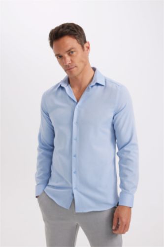 رجالي أزرق فاتح Modern Fit Poplin Long Sleeve Shirt