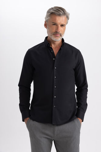 Modern Fit Polo Collar Textured Long Sleeve Cotton Shirt