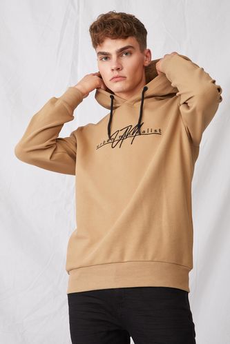 Slim Fit Kanguru Cepli Slogan Desenli Uzun Kollu Sweatshirt