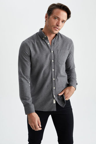 Polo Neck Woven Long Sleeve Shirt