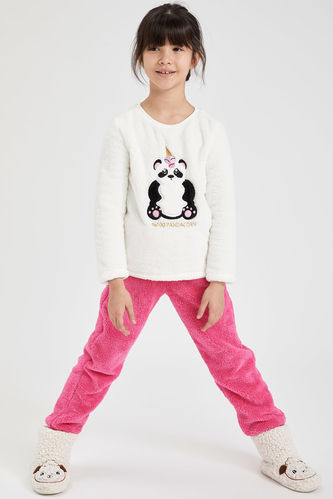 Kız Çocuk Panda Nakışlı Peluş Uzun Pijama Takım