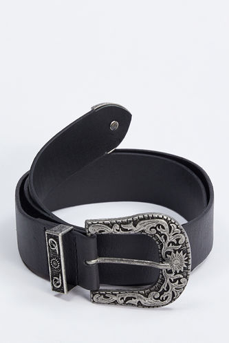Patterned Faux Leather Belt With Metal Buckle