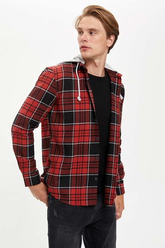 Regular Fit Long Sleeve Check Patterned Hooded Shirt Jacket