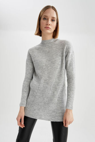 Grey Roll Neck Rib Knitted Sweater Dress