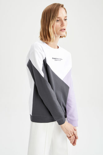 Renk Bloklu Yazı Baskılı Sweatshirt