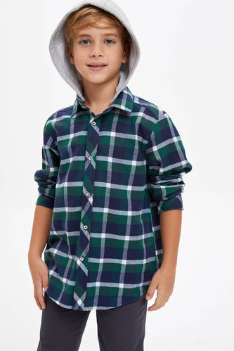 Boy Check Patterned Hooded Shirt