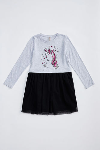 Girl Sequin Embroidered Unicorn Print Long-Sleeved Dress