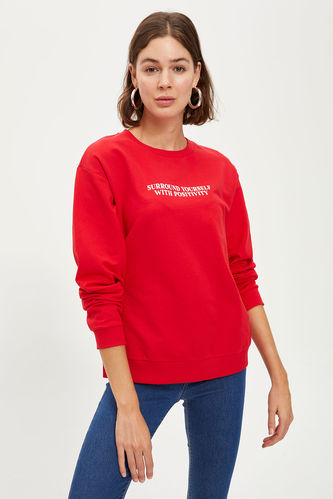 Regular Fit Crew Neck Slogan Print Sweatshirt