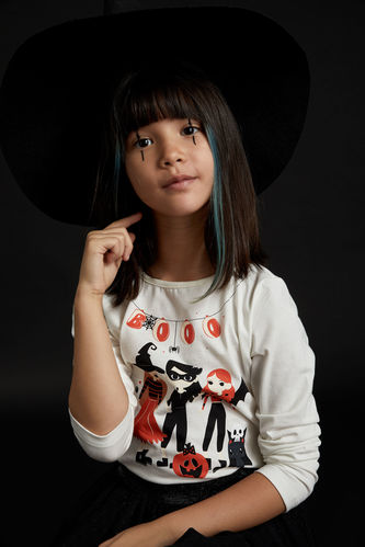 Kız Çocuk Halloween Temalı Cadı Kız Baskılı Uzun Kollu Tişört