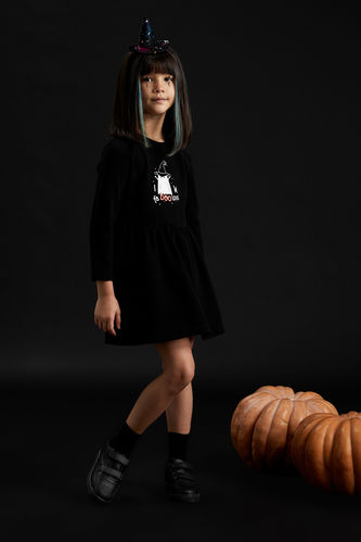 Kız Çocuk Halloween Temalı Hayalet Baskılı Selanik Kumaş Elbise