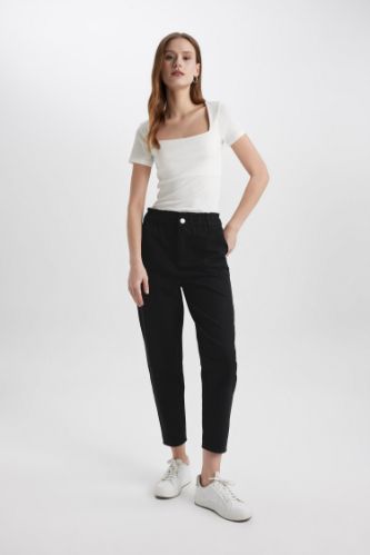 Paperbag Gabardin Kumaş Pantolon Yüksek Bel Cepli Basic Düz Standart Paça
