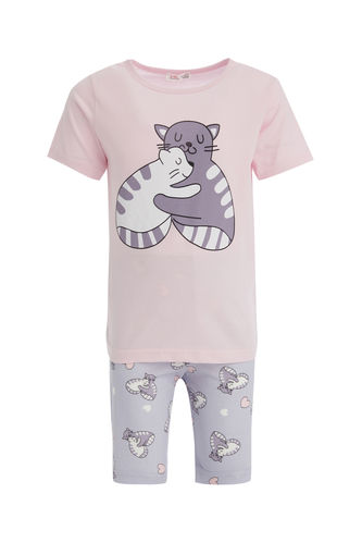 Kız Çocuk Kedi Baskılı Kısa Kollu Kapri Boy Pijama Takımı