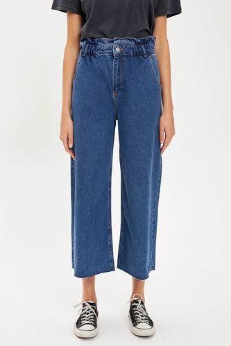 Culotte Yüksek Bel Yıkamalı Jean %100 Pamuk Pantolon