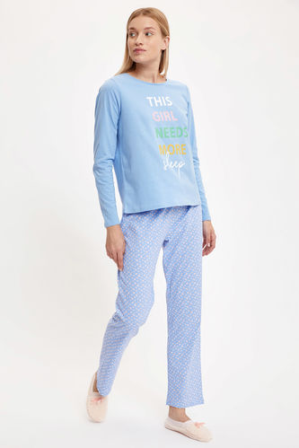 Slogan Baskılı Uzun Kollu Baskılı Pijama Takımı