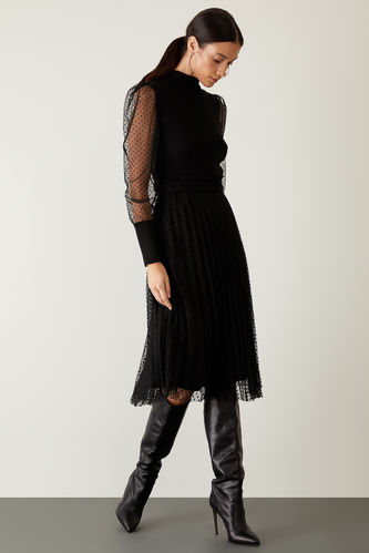 Long Sleeve Pleated Dress With Lace Details