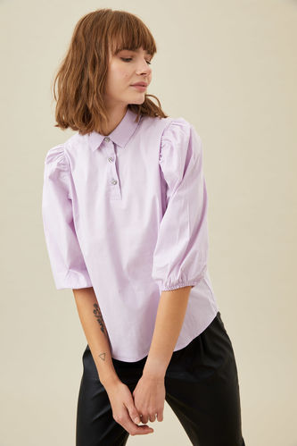 Woven Half-Sleeved Blouse With Collar