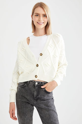 Patterened Button Up Crop Knit Cardigan