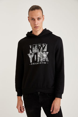 New York Baskılı Slim Fit Kapüşonlu Sweatshirt