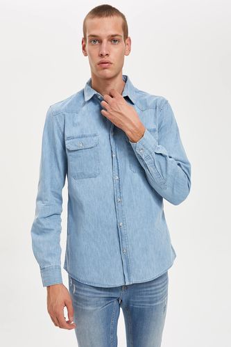 Slim Fit Long Sleeve Buttoned Jean Shirt