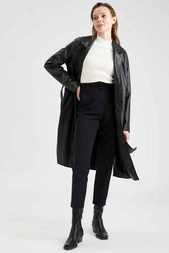 Leather Look Regular Fit Belted Long Trench Coat