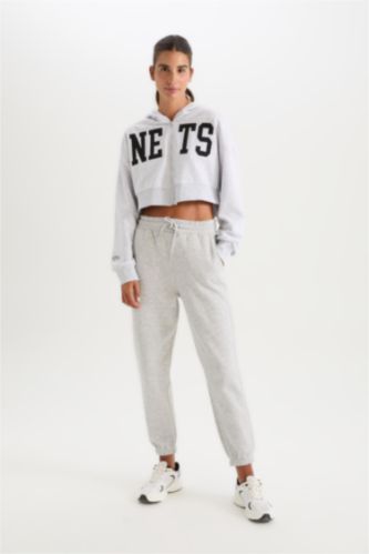 Women Grey Melange Standard Fit Elastic Waist Basic Thick Jogger Sweatpants