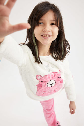 Kız Çocuk Baskılı Peluş Uzun Kollu Pijama Takımı