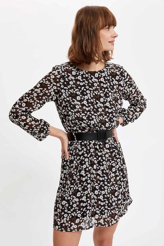 Long Balloon Sleeves Printed Belted Mini Dress