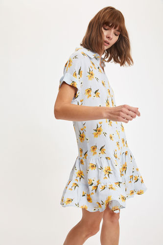 Volanlı Kısa Kollu Gömlek Yaka Yazlık Mini Elbise