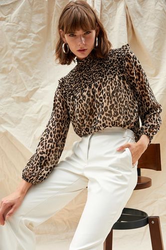 Long Sleeve Leopard Print Flywheel Detailed Shirt