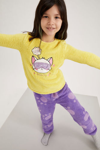 Kız Çocuk Baskılı Pelüş Uzun Kollu Pijama Takım
