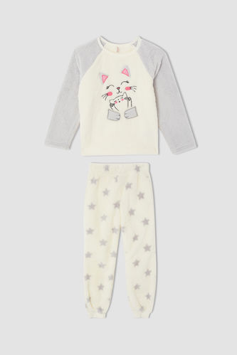 Kız Çocuk Kedi Baskılı Peluş Uzun Kollu Pijama Takımı