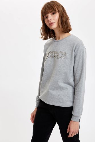 Patterned Sweat Shirt With Pearl Detail