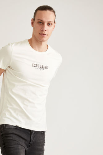 T-shirt en coton à col rond et coupe ajustée à imprimé Exploring