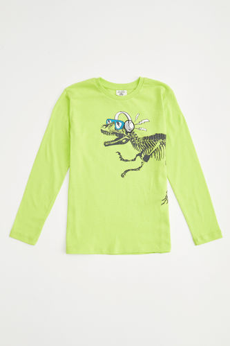 Erkek Çocuk Bisiklet Yaka Dinozor Baskılı Dokunmatik Işıklı Uzun Kollu Tişört