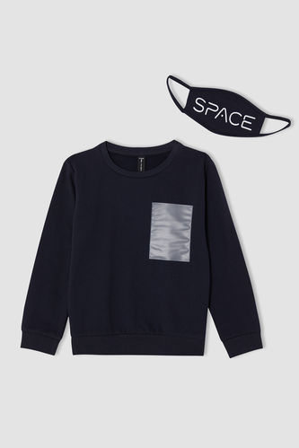 Boy Regular Fit Crew Neck Space Print Sweatshirt With Matching Mask