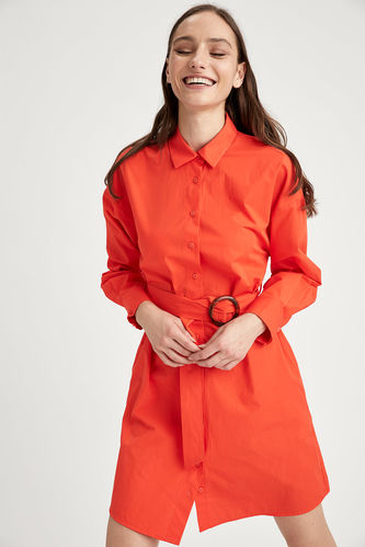 Kemer Detaylı  Oversize Fit Mini Gömlek %100 Pamuk Elbise