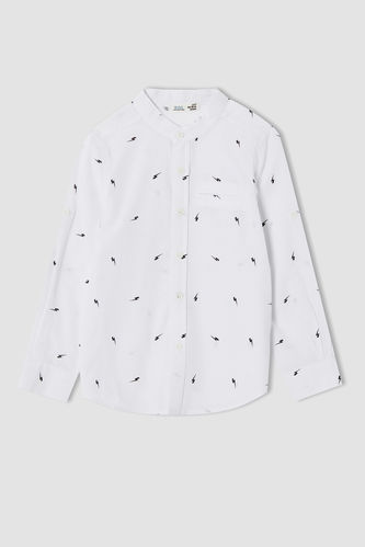 Boy Long-Sleeved Regular Fit Stand-Up Collar Lightning Bolt Print Shirt
