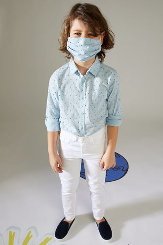 Erkek Çocuk Desenli Keten Görünümlü Gömlek ve Maskeli Takım