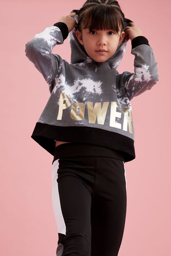 Kız Çocuk Power Baskılı Kapüşonlu Crop  Sweatshirt