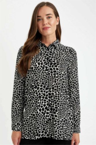Kadın Siyah Loose Fit Gömlek Yaka Desenli Uzun Kollu Gömlek Tunik