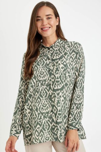 Loose Fit Gömlek Yaka Desenli Uzun Kollu Gömlek Tunik