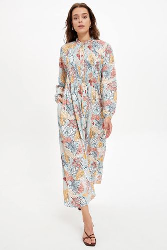 Relax Fit Floral Maroken Uzun Kollu Elbise
