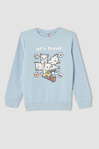Girl Regular Fit Crew Neck Kitten Print Sweatshirt
