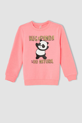 Girl Regular Fit Crew Neck Panda Print Sweatshirt