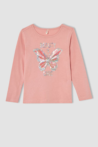 Girl Regular Fit Crew Neck Long-Sleeved Butterfly Print T-Shirt