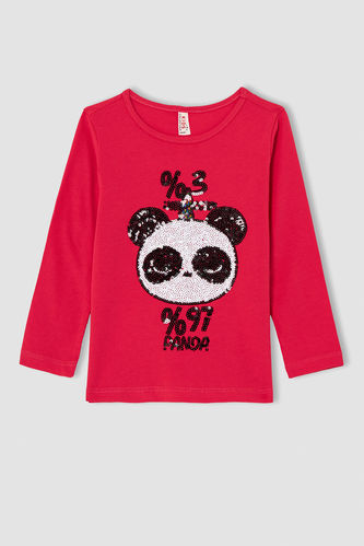 Girl Regular Fit Crew Neck Long-Sleeved Panda Print T-Shirt